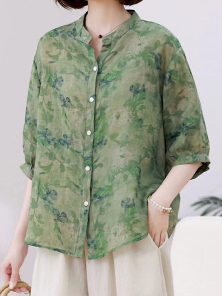 Women Summer Artsy Floral Ramie Loose Shirt AS1028 Ada Fashion