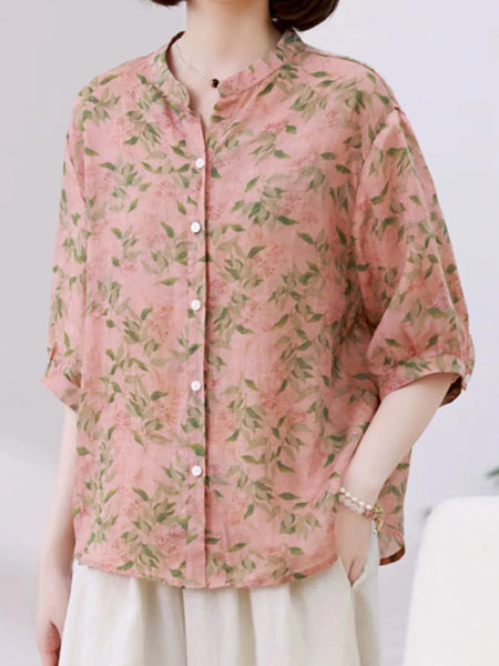 Women Summer Artsy Floral Ramie Loose Shirt AS1028 Ada Fashion
