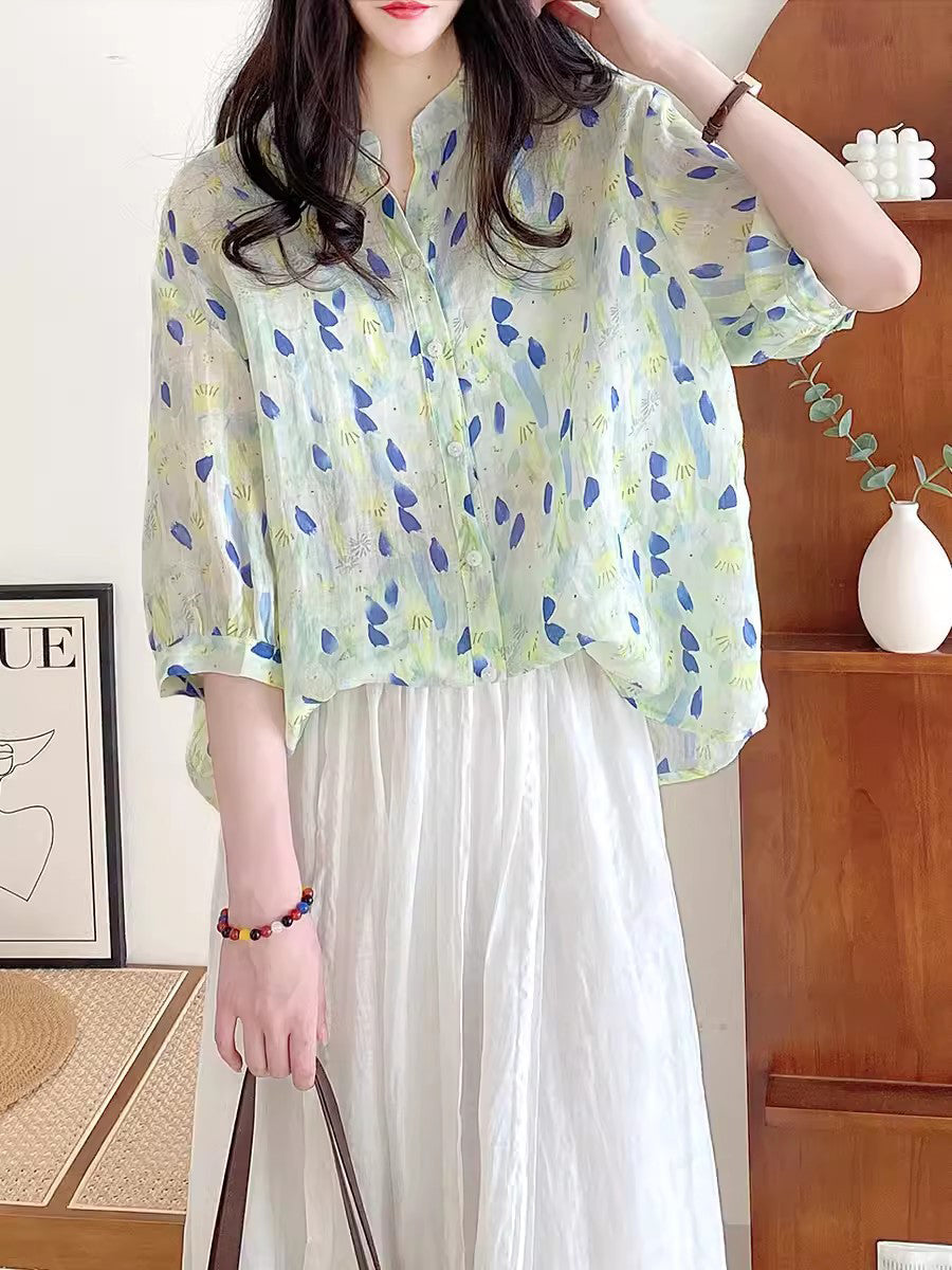 Women Summer Artsy Floral Ramie Loose Shirt AS1028 Ada Fashion