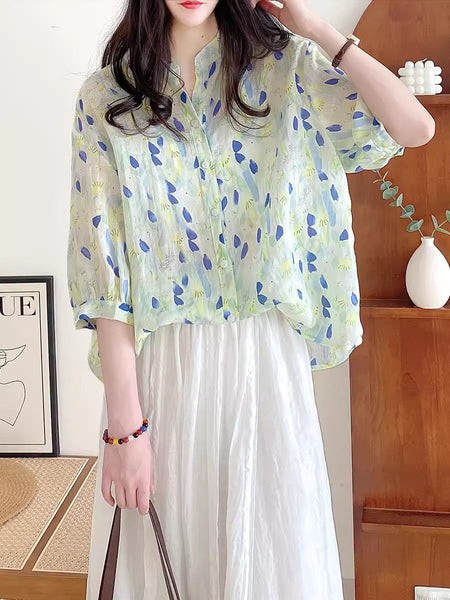Women Summer Artsy Floral Ramie Loose Shirt AS1028 Ada Fashion