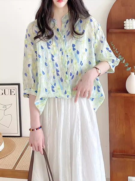Women Summer Artsy Floral Ramie Loose Shirt AS1028 Ada Fashion