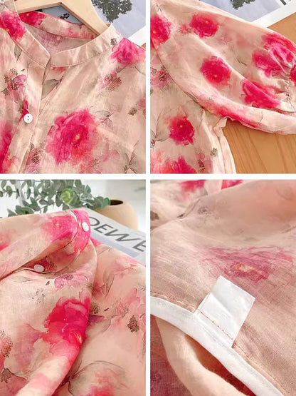 Women Summer Artsy Floral Ramie Loose Shirt AS1028 Ada Fashion