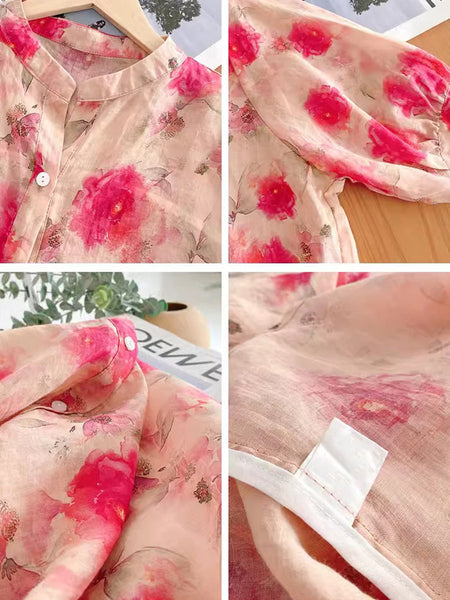 Women Summer Artsy Floral Ramie Loose Shirt AS1028 Ada Fashion