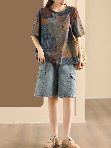 Women Summer Vintage Spliced O-Neck Cotton Shirt AS1027 Ada Fashion