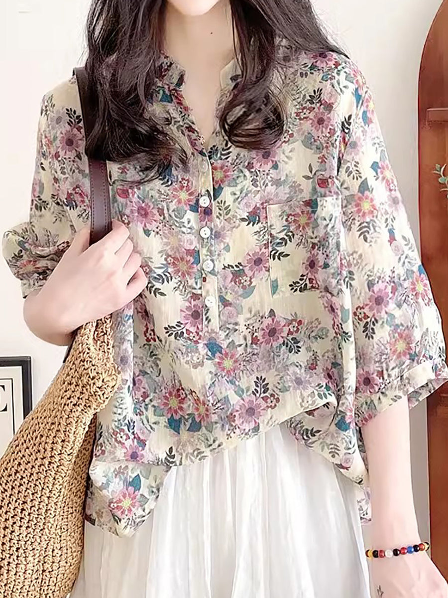 Women Summer Artsy Flower Ramie V-Neck Shirt AS1031 Ada Fashion