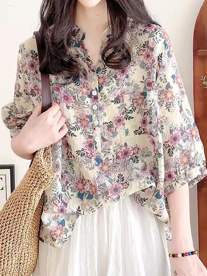 Women Summer Artsy Flower Ramie V-Neck Shirt AS1031 Ada Fashion
