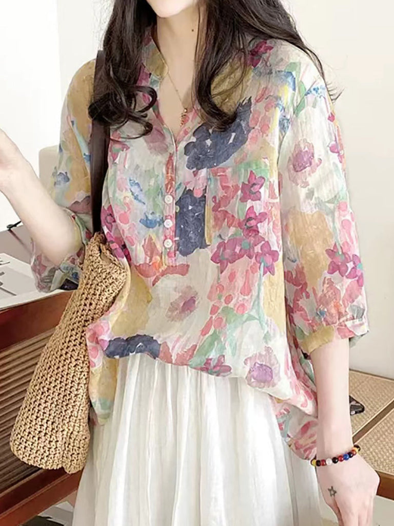 Women Summer Artsy Flower Ramie V-Neck Shirt AS1031 Ada Fashion