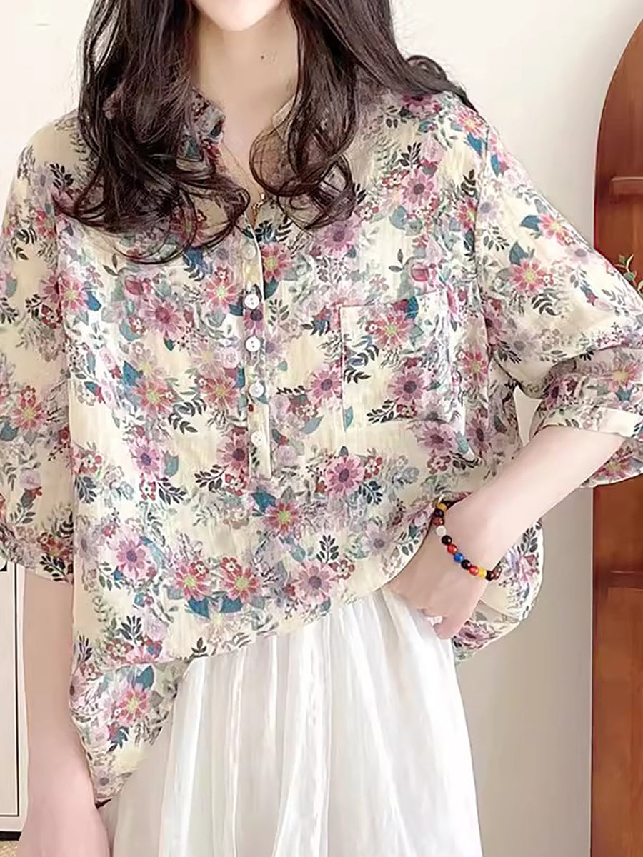 Women Summer Artsy Flower Ramie V-Neck Shirt AS1031 Ada Fashion
