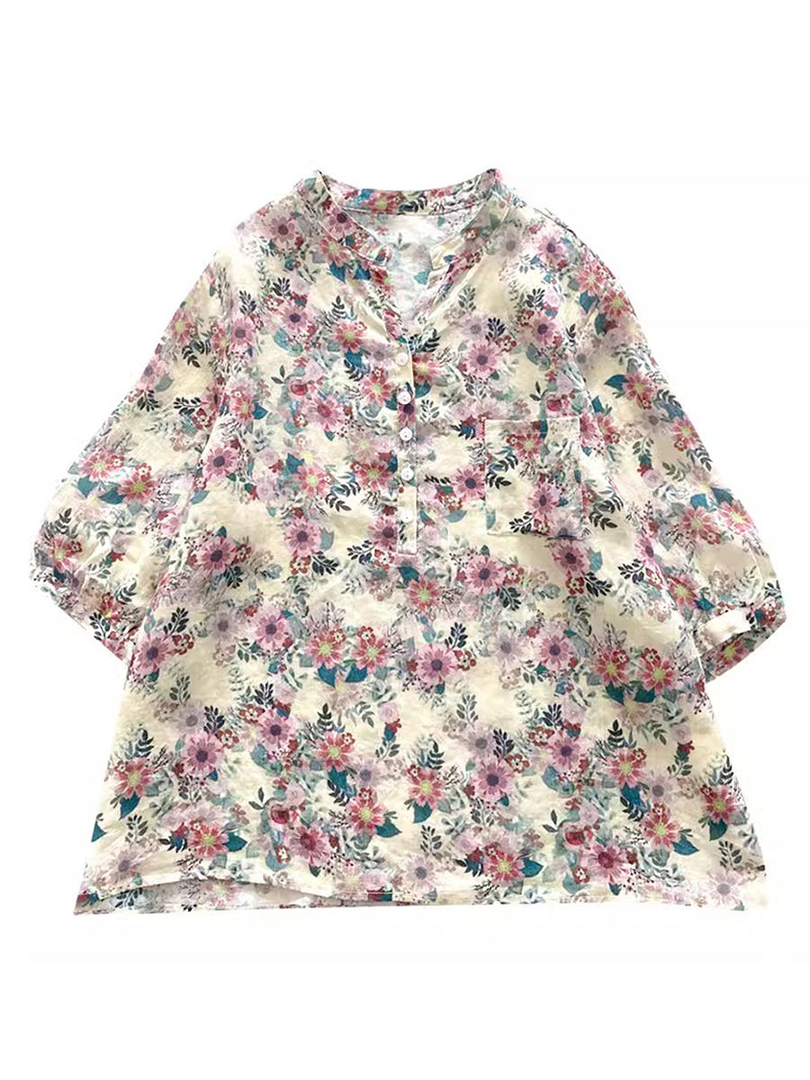 Women Summer Artsy Flower Ramie V-Neck Shirt AS1031 Ada Fashion