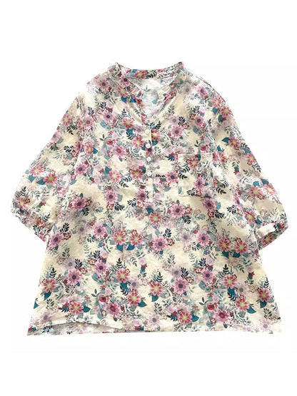 Women Summer Artsy Flower Ramie V-Neck Shirt AS1031 Ada Fashion