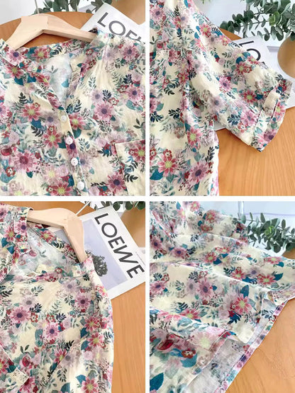 Women Summer Artsy Flower Ramie V-Neck Shirt AS1031 Ada Fashion