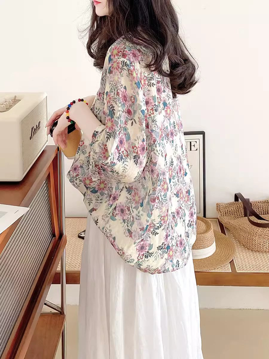 Women Summer Artsy Flower Ramie V-Neck Shirt AS1031 Ada Fashion