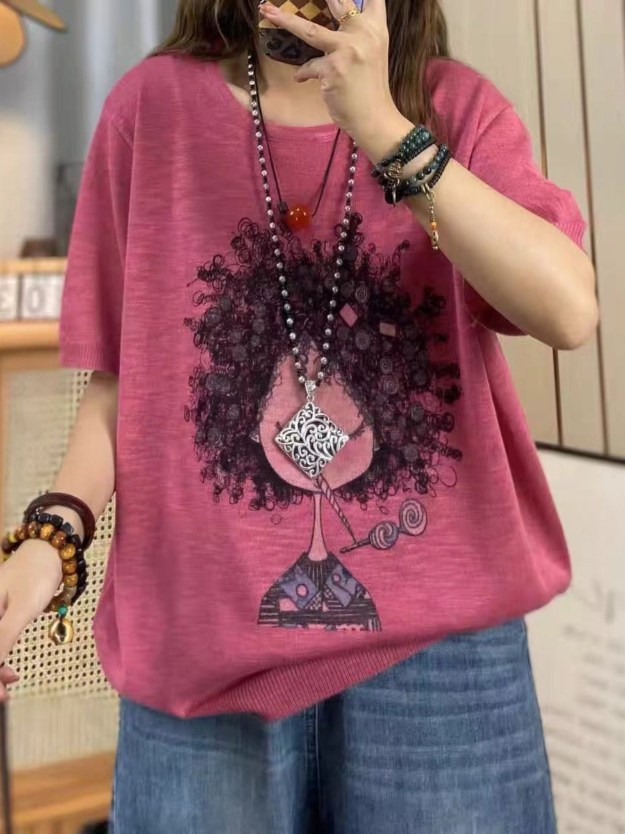 Women Summer Casual Print Knitted O-Neck Shirt AS1008 Ada Fashion