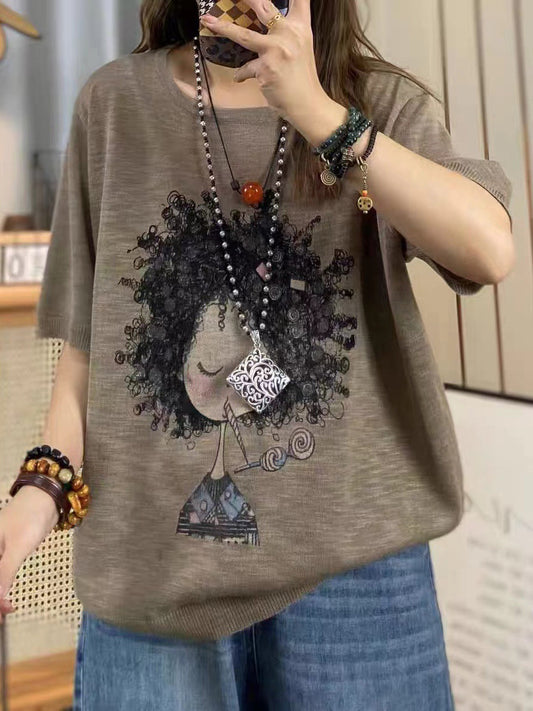 Women Summer Casual Print Knitted O-Neck Shirt AS1008 Ada Fashion