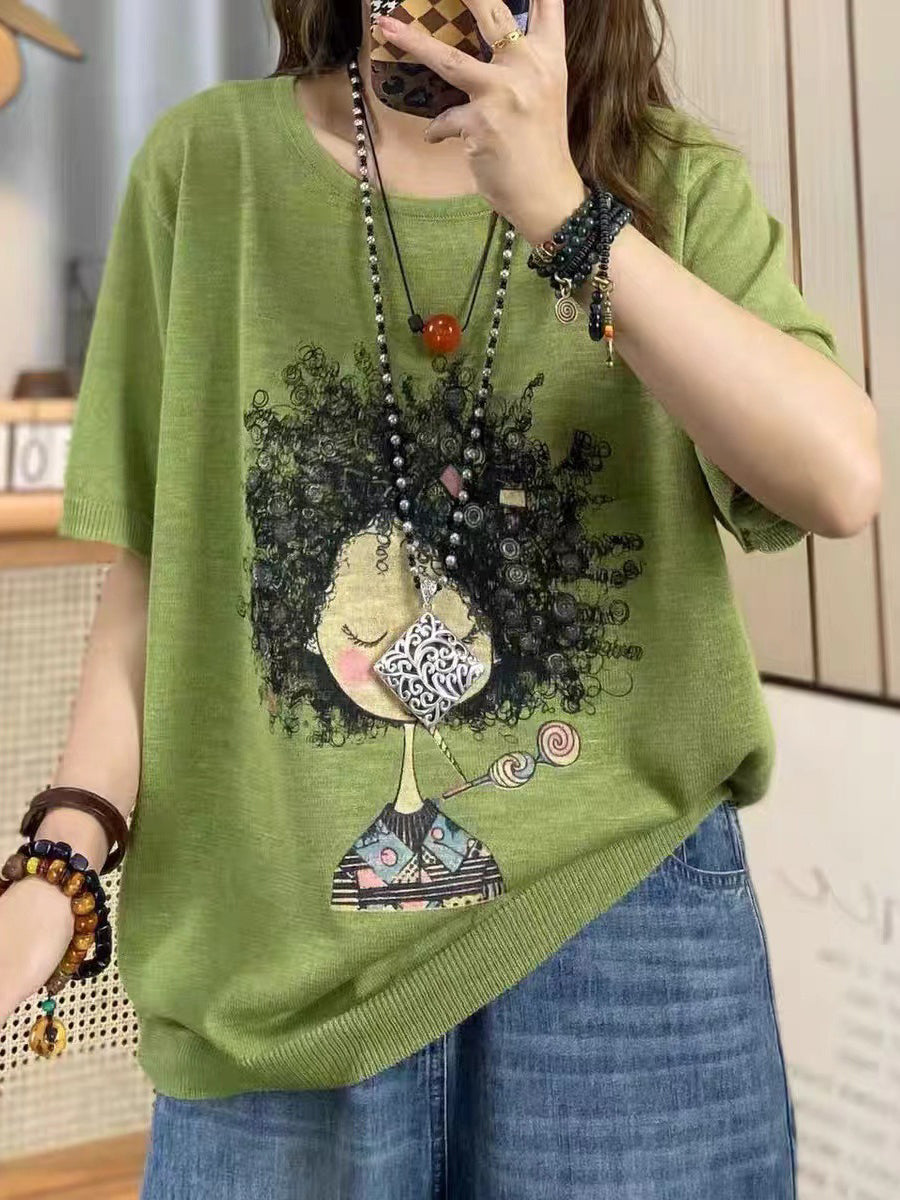 Women Summer Casual Print Knitted O-Neck Shirt AS1008 Ada Fashion