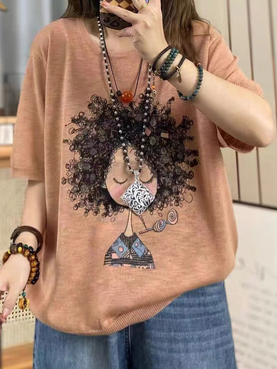 Women Summer Casual Print Knitted O-Neck Shirt AS1008 Ada Fashion