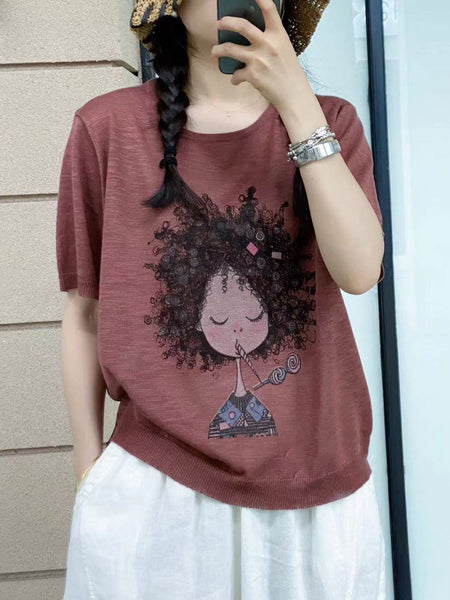 Women Summer Casual Print Knitted O-Neck Shirt AS1008 Ada Fashion