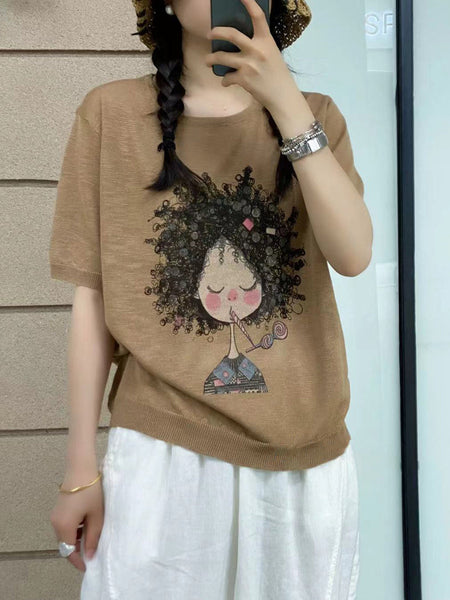 Women Summer Casual Print Knitted O-Neck Shirt AS1008 Ada Fashion