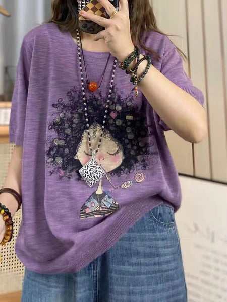 Women Summer Casual Print Knitted O-Neck Shirt AS1008 Ada Fashion