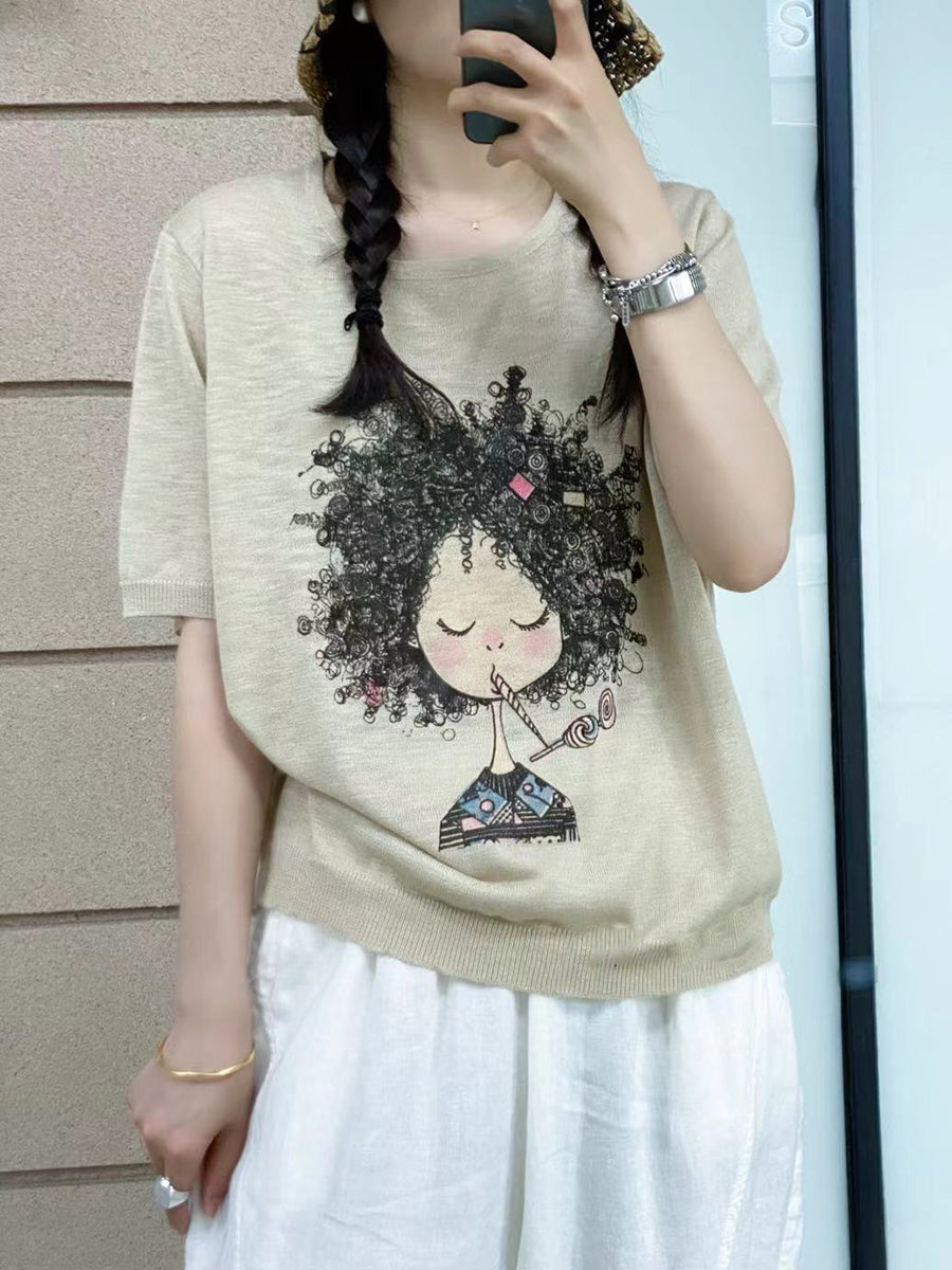 Women Summer Casual Print Knitted O-Neck Shirt AS1008 Ada Fashion