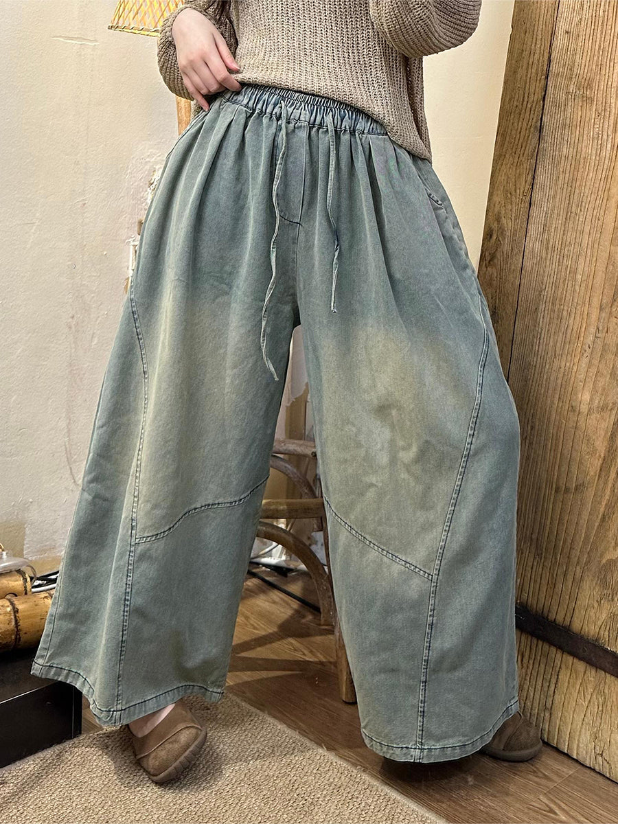 Women Summer Retro Spliced Denim Wide-leg Pants AS1002 Ada Fashion