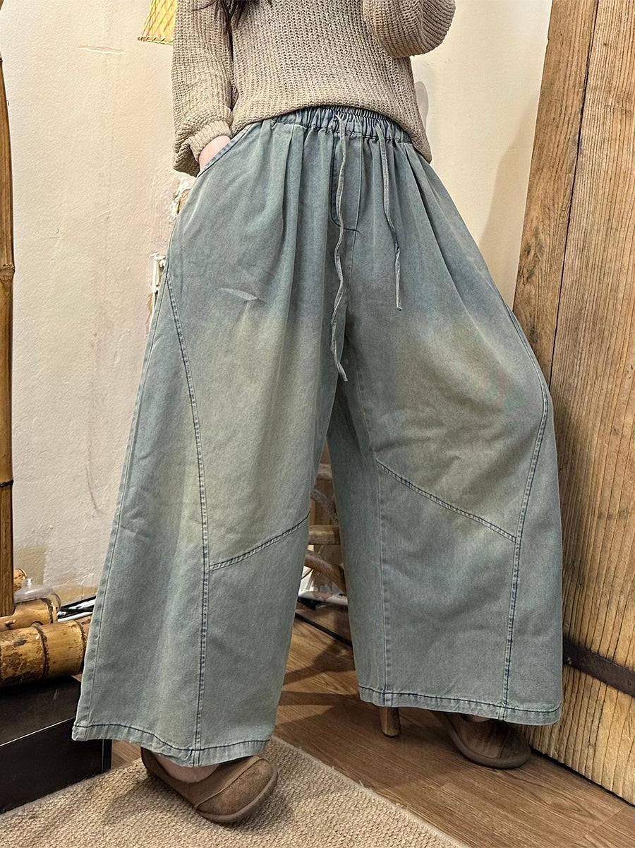 Women Summer Retro Spliced Denim Wide-leg Pants AS1002 Ada Fashion