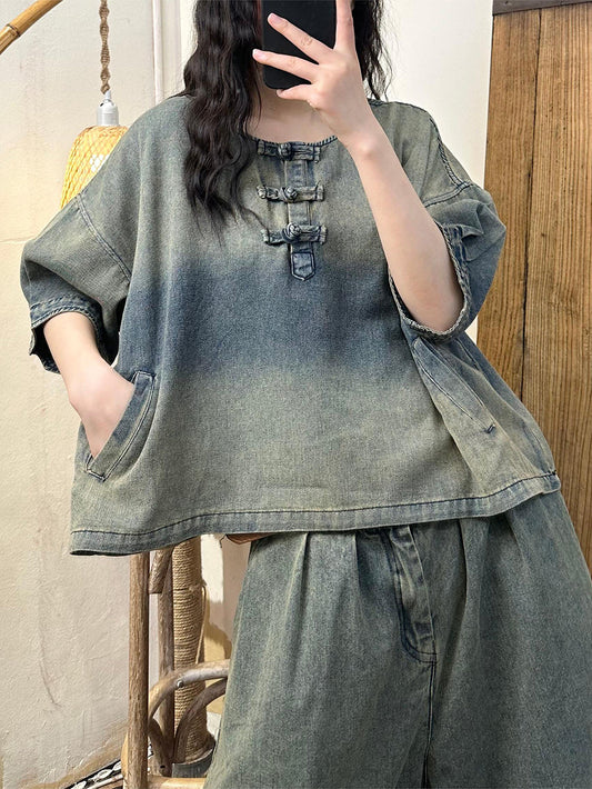 Women Summer Vintage Washed Denim Shirt AS1003 Ada Fashion