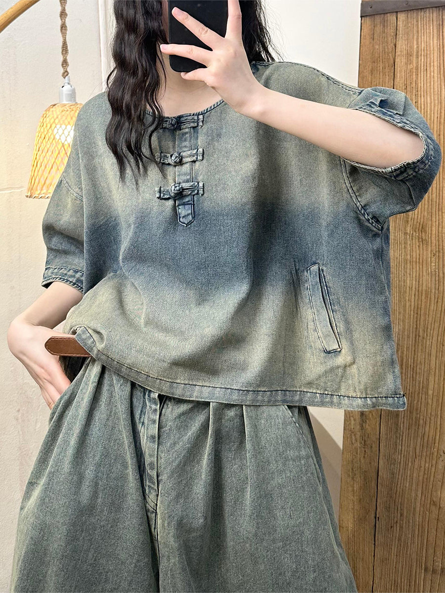 Women Summer Vintage Washed Denim Shirt AS1003 Ada Fashion