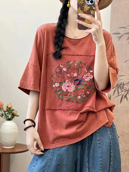 Women Summer Artsy Flower Embroidery Cotton Spliced Shirt AS1005 Ada Fashion