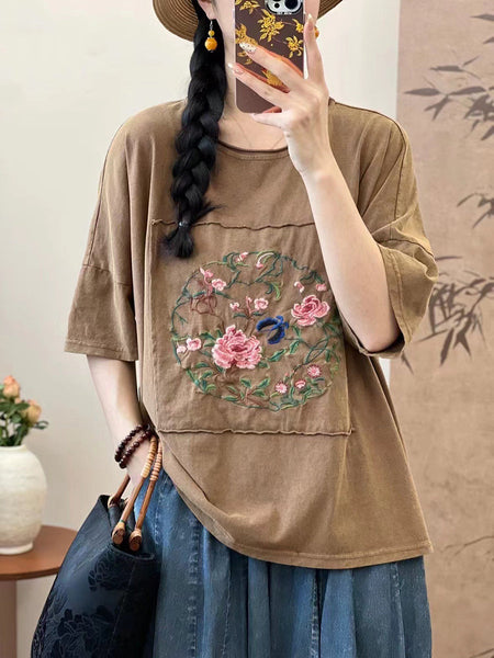 Women Summer Artsy Flower Embroidery Cotton Spliced Shirt AS1005 Ada Fashion