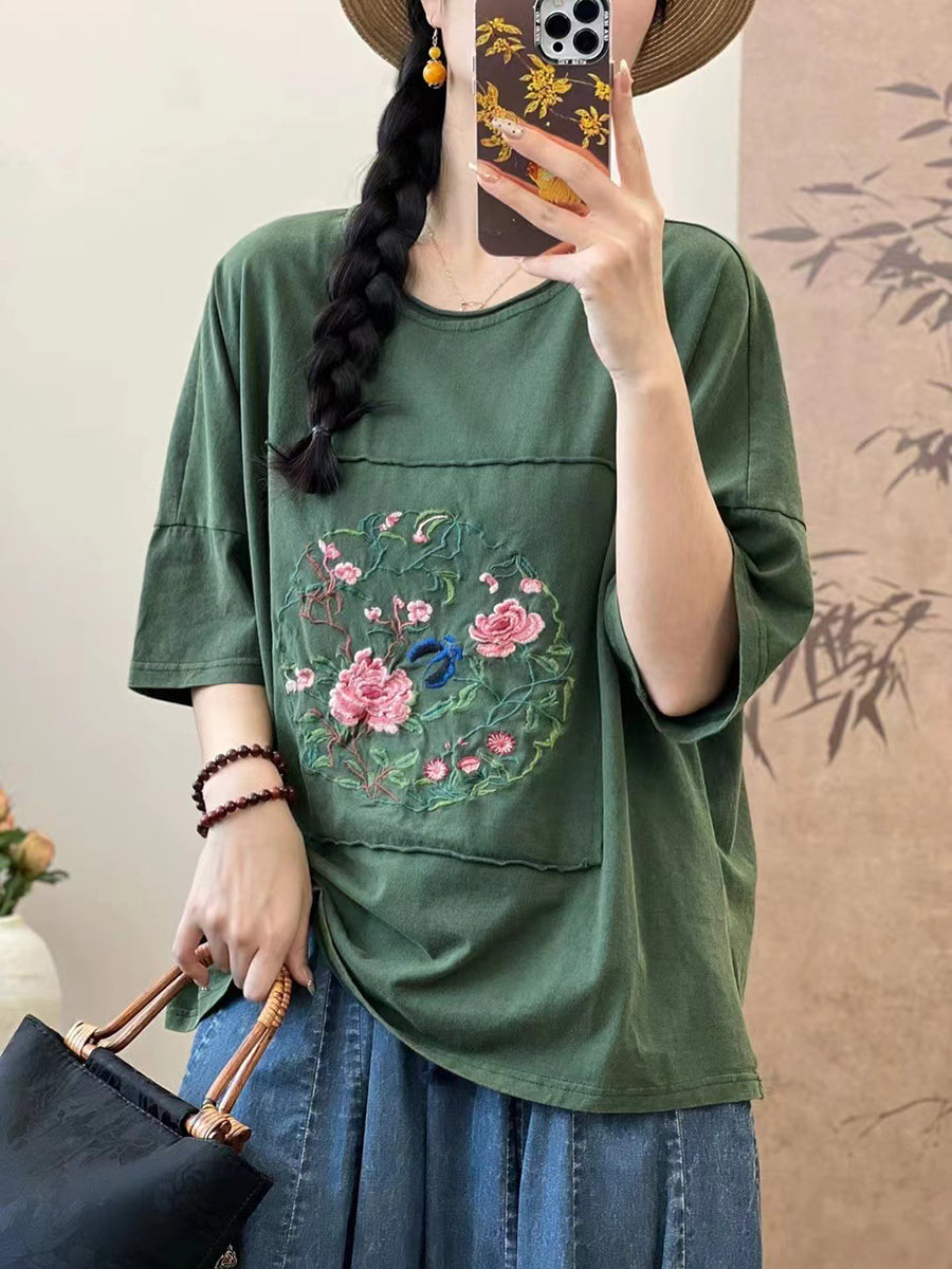 Women Summer Artsy Flower Embroidery Cotton Spliced Shirt AS1005 Ada Fashion