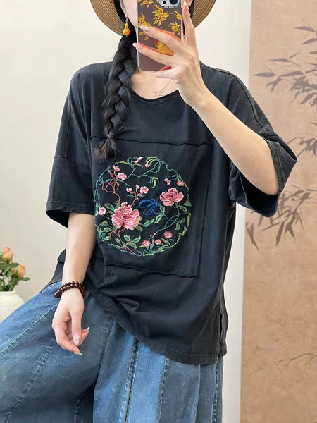 Women Summer Artsy Flower Embroidery Cotton Spliced Shirt AS1005 Ada Fashion