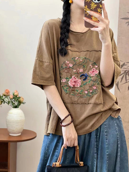 Women Summer Artsy Flower Embroidery Cotton Spliced Shirt AS1005 Ada Fashion