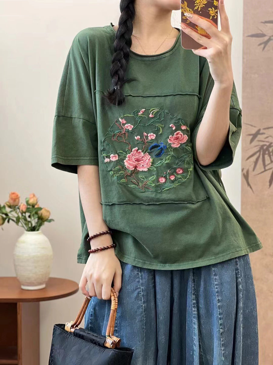 Women Summer Artsy Flower Embroidery Cotton Spliced Shirt AS1005 Ada Fashion