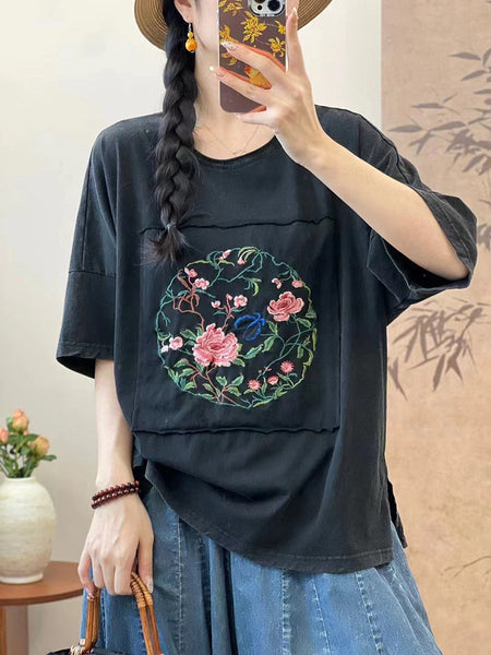 Women Summer Artsy Flower Embroidery Cotton Spliced Shirt AS1005 Ada Fashion