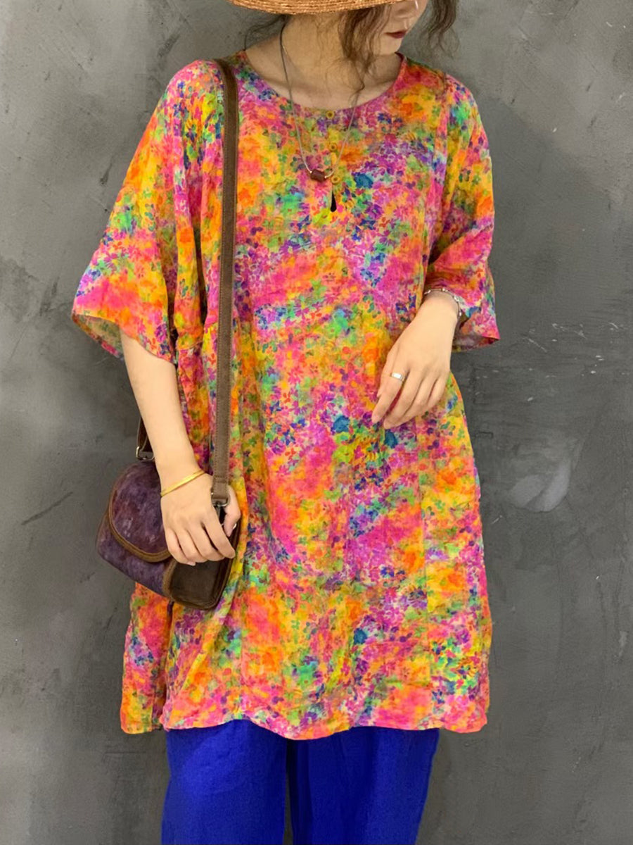 Women Summer Artsy Flower Ramie Short Shirt Dress AS1024 Ada Fashion