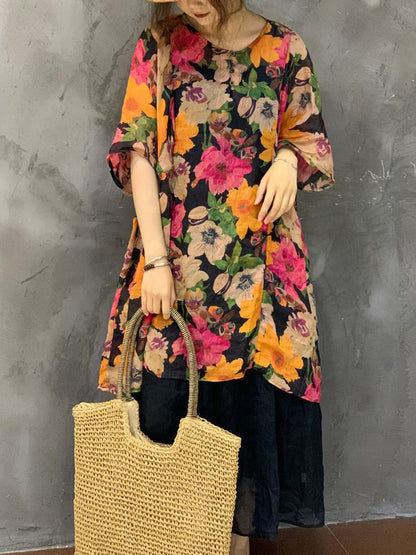 Women Summer Artsy Flower Ramie Short Shirt Dress AS1024 Ada Fashion