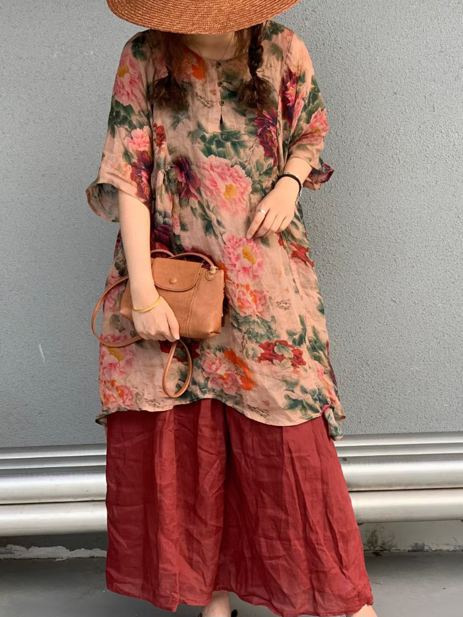 Women Summer Artsy Flower Ramie Short Shirt Dress AS1024 Ada Fashion