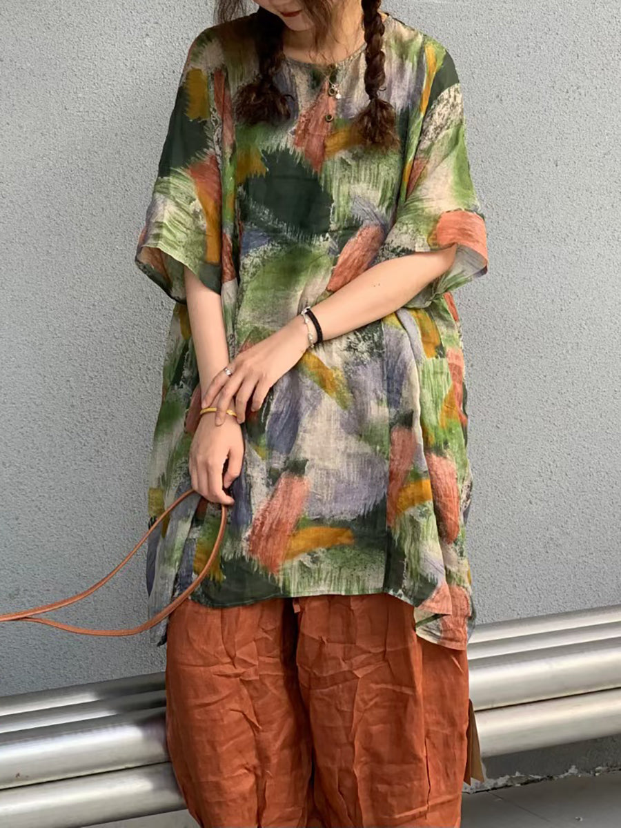 Women Summer Artsy Flower Ramie Short Shirt Dress AS1024 Ada Fashion