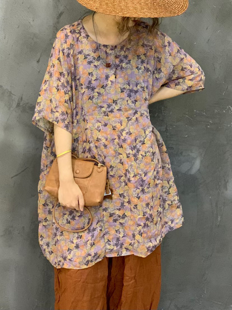 Women Summer Artsy Flower Ramie Short Shirt Dress AS1024 Ada Fashion