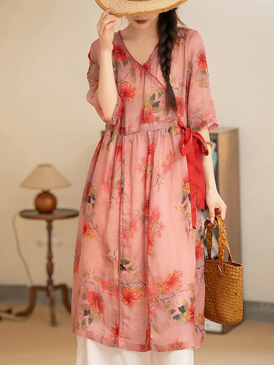 Women Summer Vintage Flower Strap V-Neck Ramie Dress AS1035 Ada Fashion