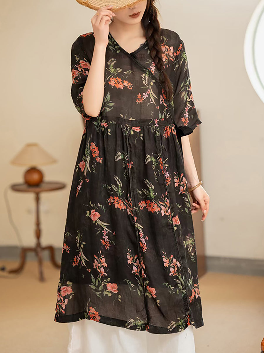 Women Summer Vintage Flower Strap V-Neck Ramie Dress AS1035 Ada Fashion