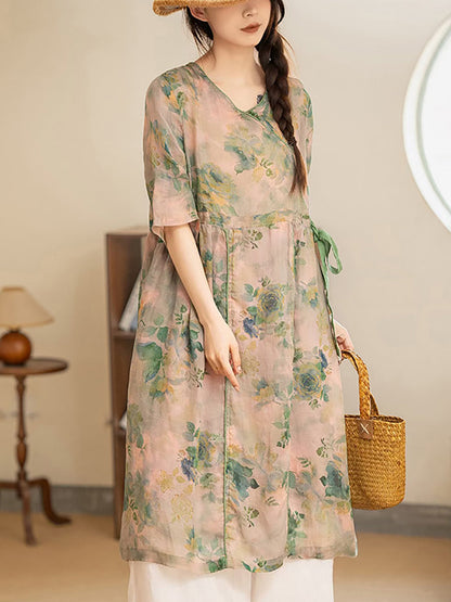 Women Summer Vintage Flower Strap V-Neck Ramie Dress AS1035 Ada Fashion