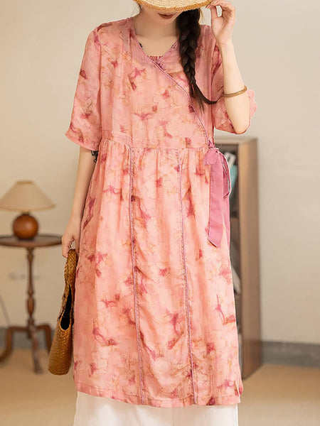 Women Summer Vintage Flower Strap V-Neck Ramie Dress AS1035 Ada Fashion