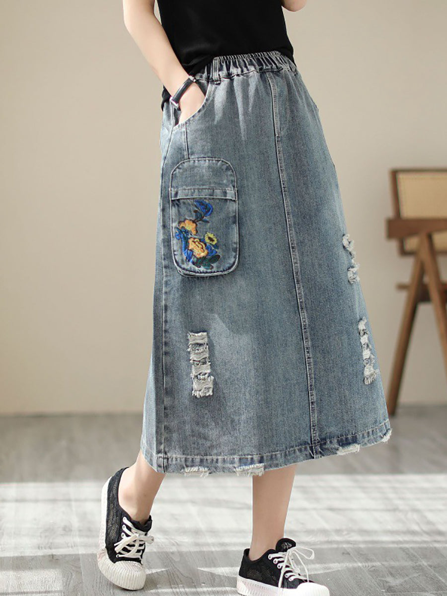 Women Summer Flower Embroidery Frayed Denim Skirt AS1041 Ada Fashion