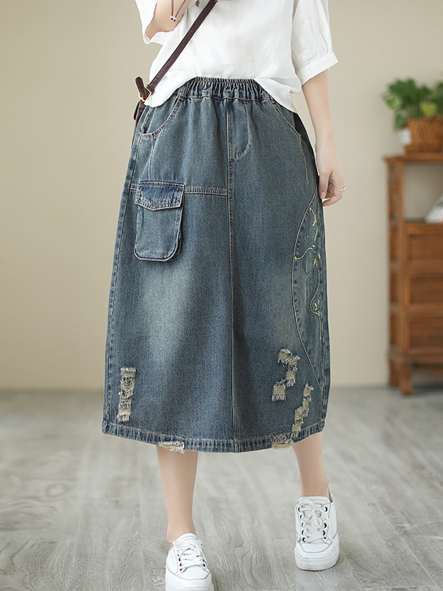 Women Summer Flower Embroidery Frayed Denim Skirt AS1041 Ada Fashion