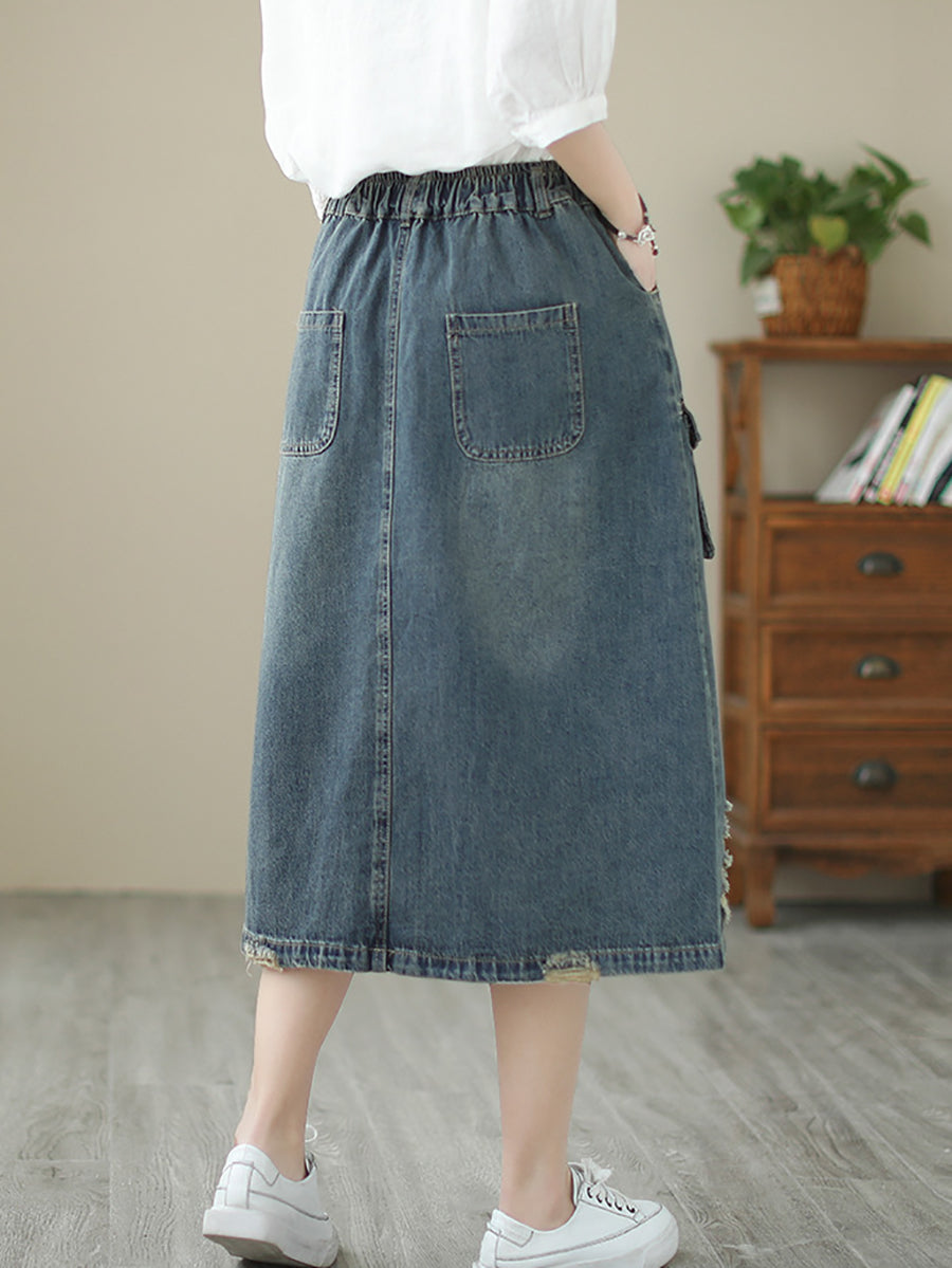 Women Summer Flower Embroidery Frayed Denim Skirt AS1041 Ada Fashion