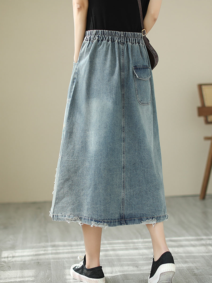 Women Summer Flower Embroidery Frayed Denim Skirt AS1041 Ada Fashion