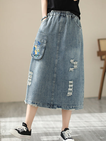 Women Summer Flower Embroidery Frayed Denim Skirt AS1041 Ada Fashion