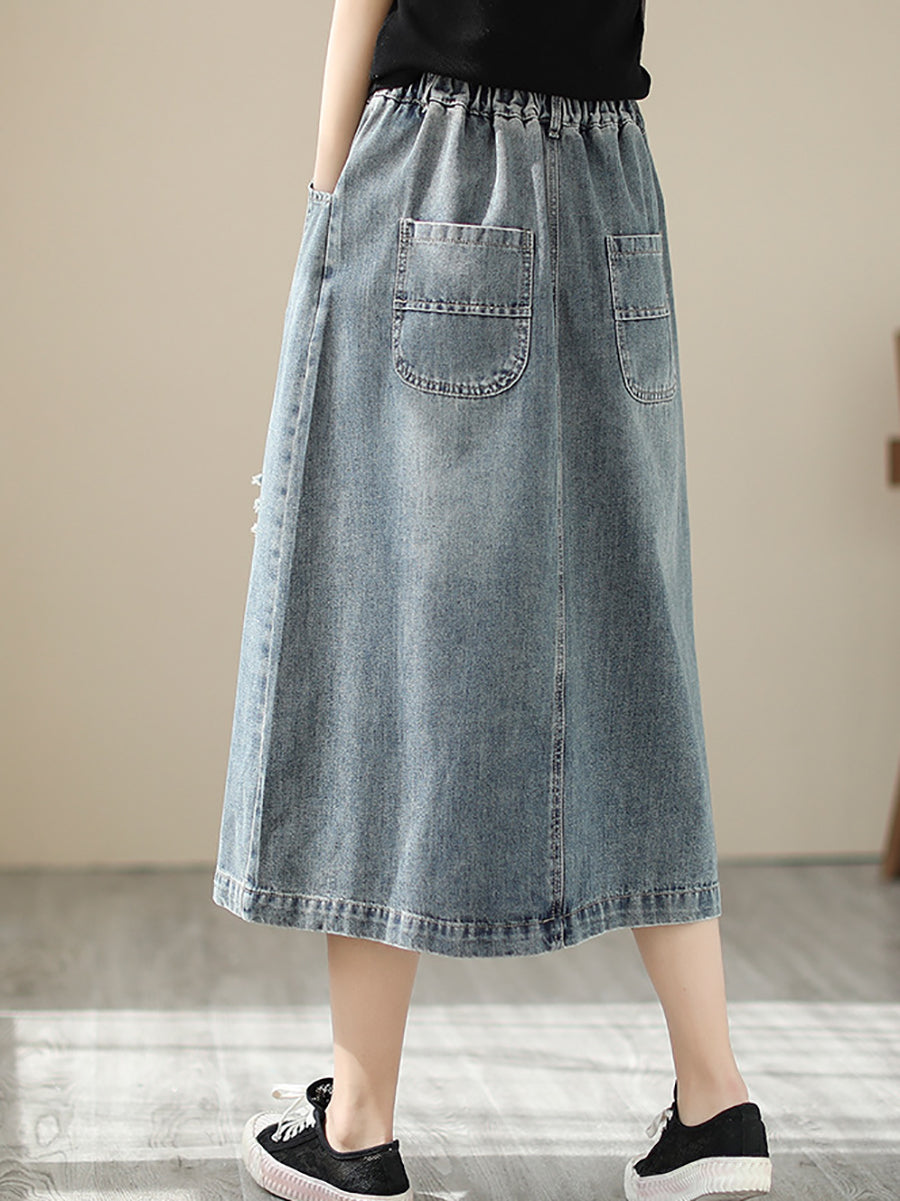 Women Summer Flower Embroidery Frayed Denim Skirt AS1041 Ada Fashion